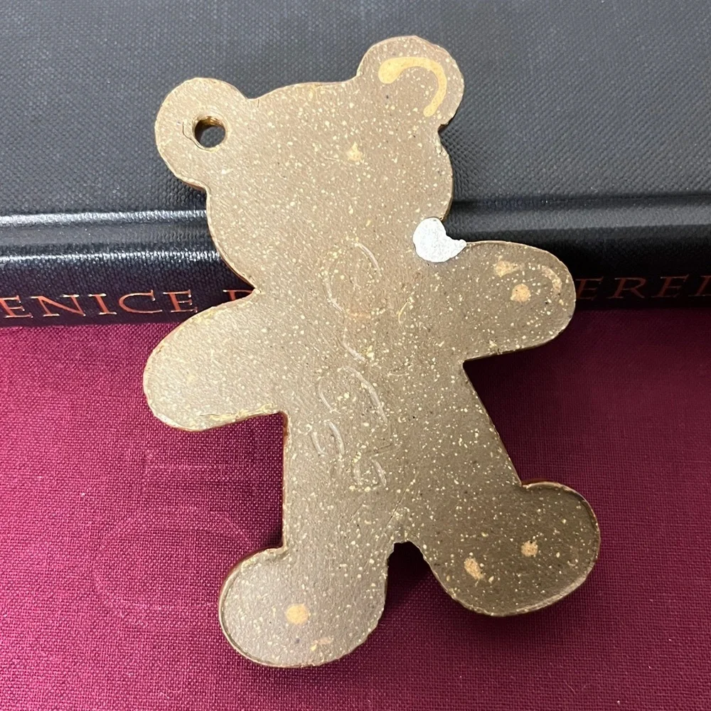Handmade Stoneware Blue & Brown Glazed Swirl Design‎ Teddy Bear Ornament Signed